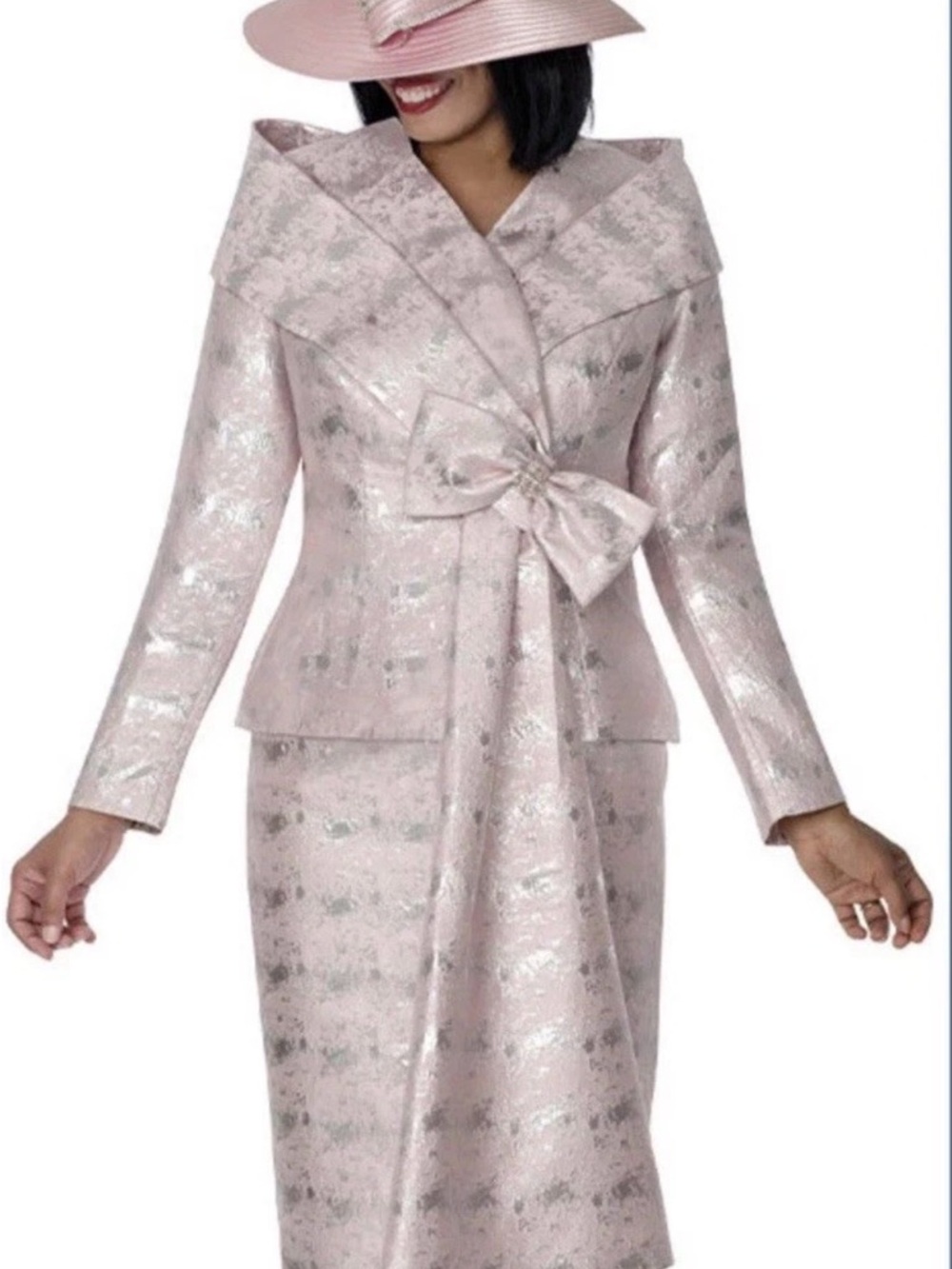 Metallic Pink Brocade Skirt Set with Statement Bow